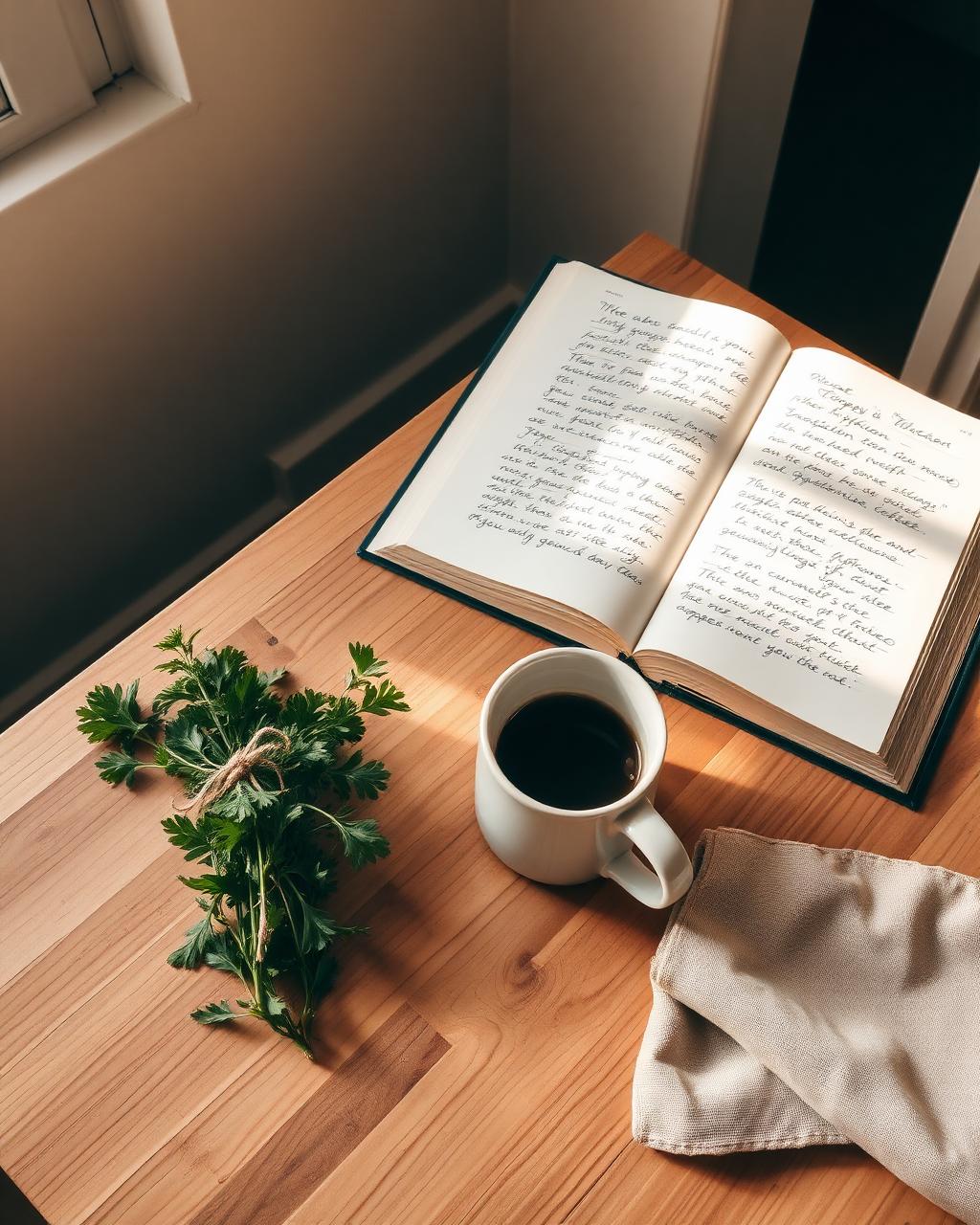 A quiet corner of my kitchen — fresh parsley, an open notebook, and a coffee